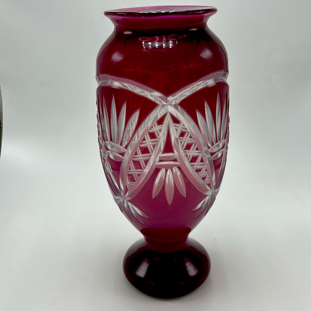 Vintage Cranberry Cut Glass Art Deco Vase - Picture 1 of 4